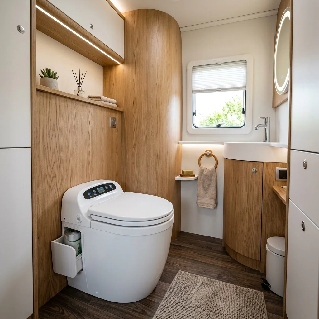 Verschweißendes, wasserloses Toilettensystem Clesana X1 im Camper Badezimmer