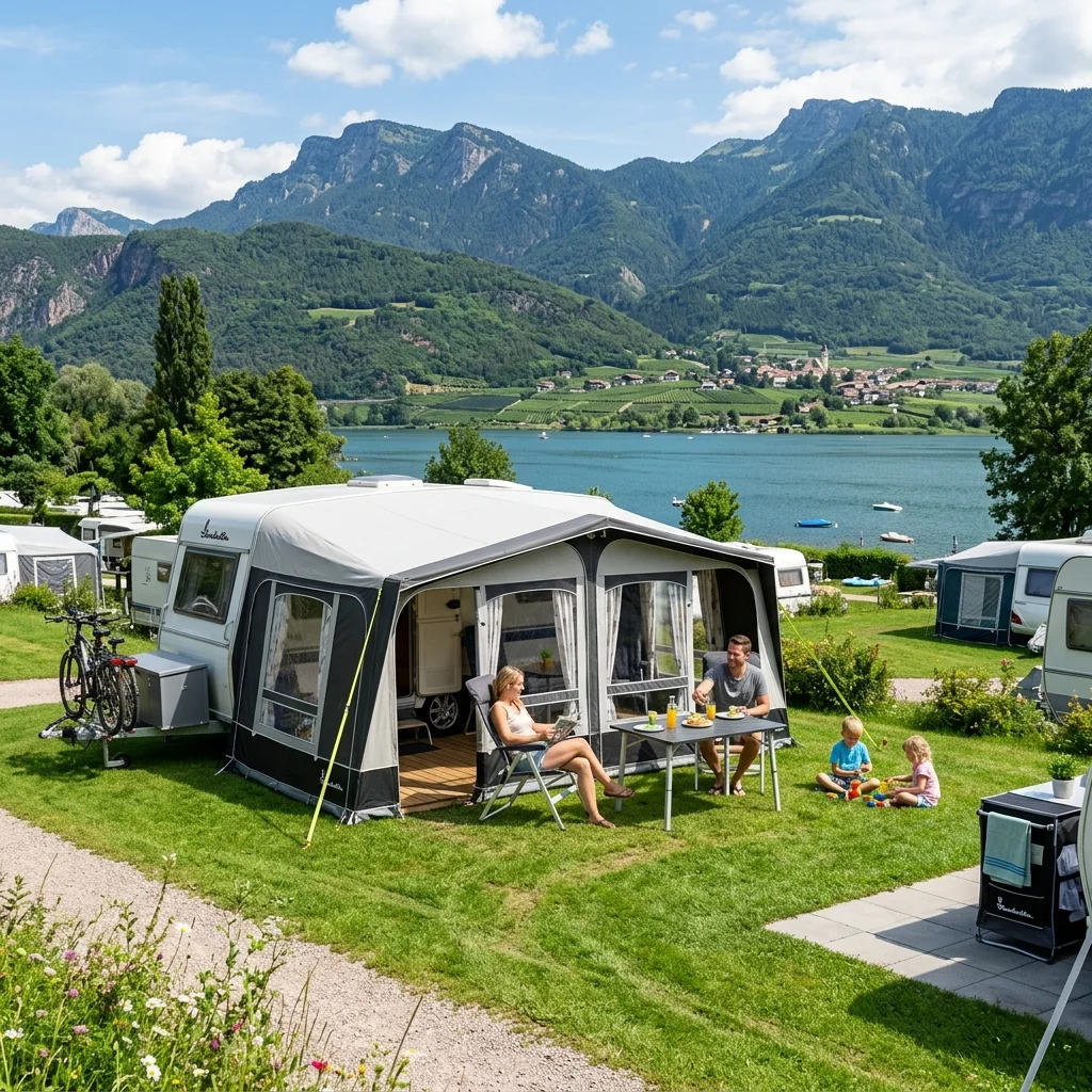 Isabella Camp-let Faltcaravan am Seeufer aufgebaut mit Campingfamilie