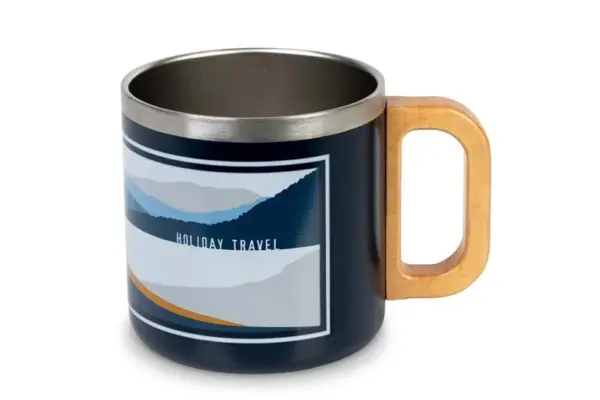 Tazza da viaggio in acciaio inox con manico in legno – Tazza da campeggio a doppia parete (350 ml)
