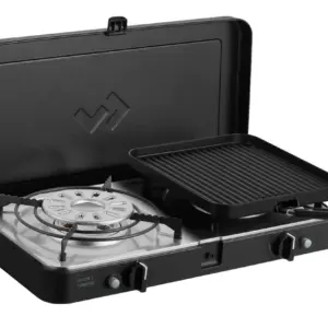 Gas camping stove with grill plate